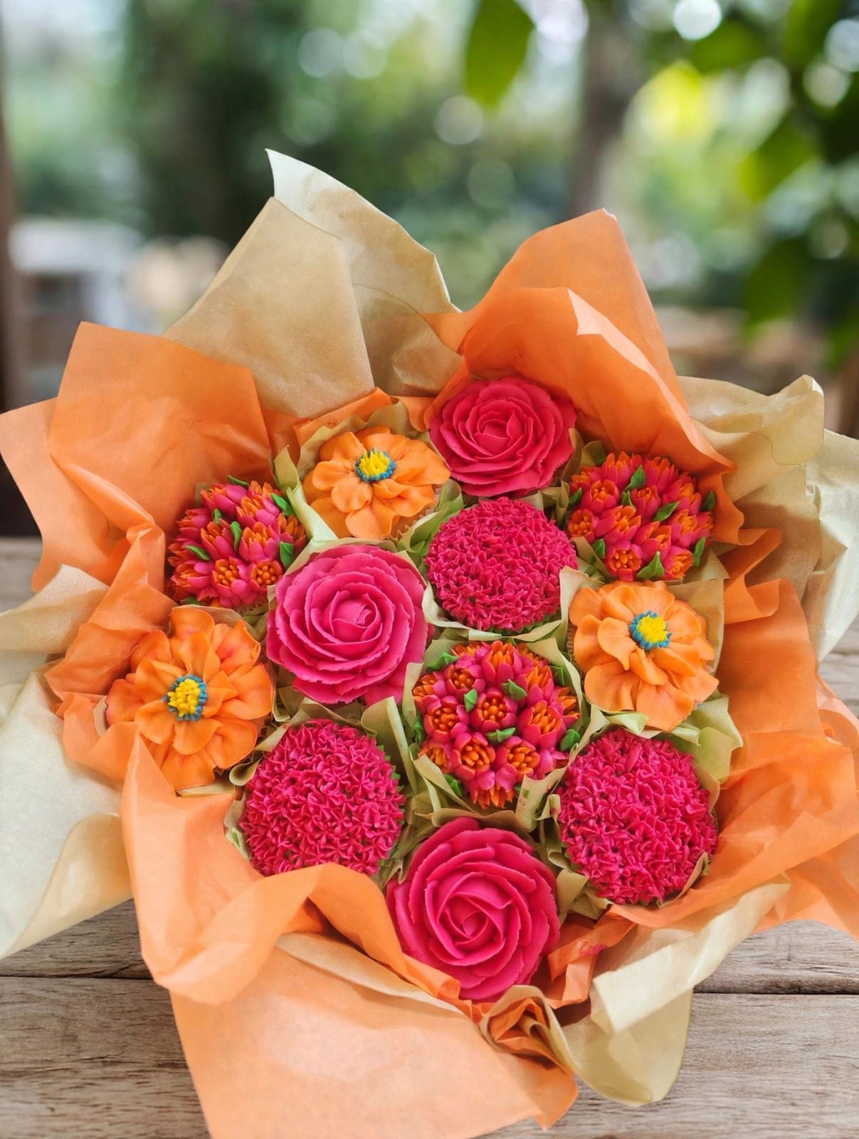 Cupcake bouquet wrapped like a flower arrangement