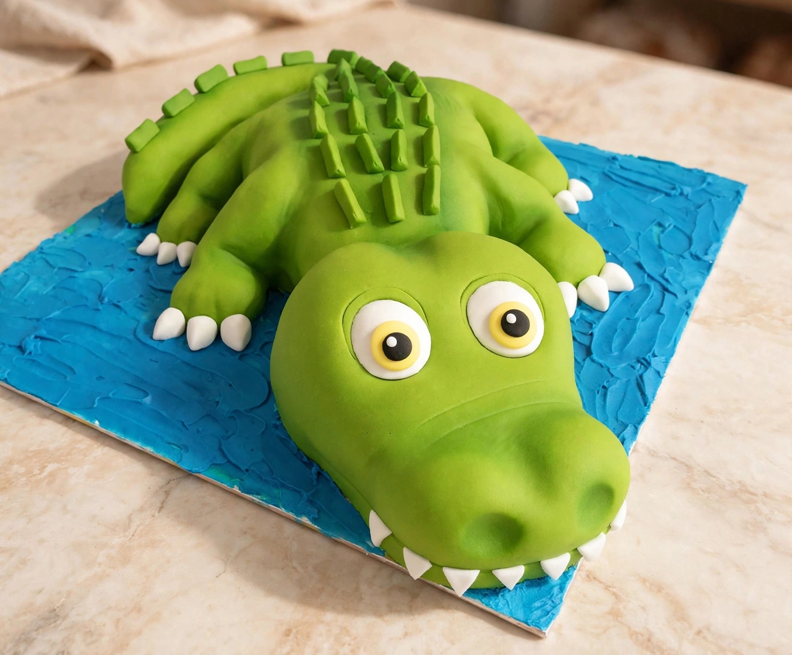 Sculpted green crocodile cake