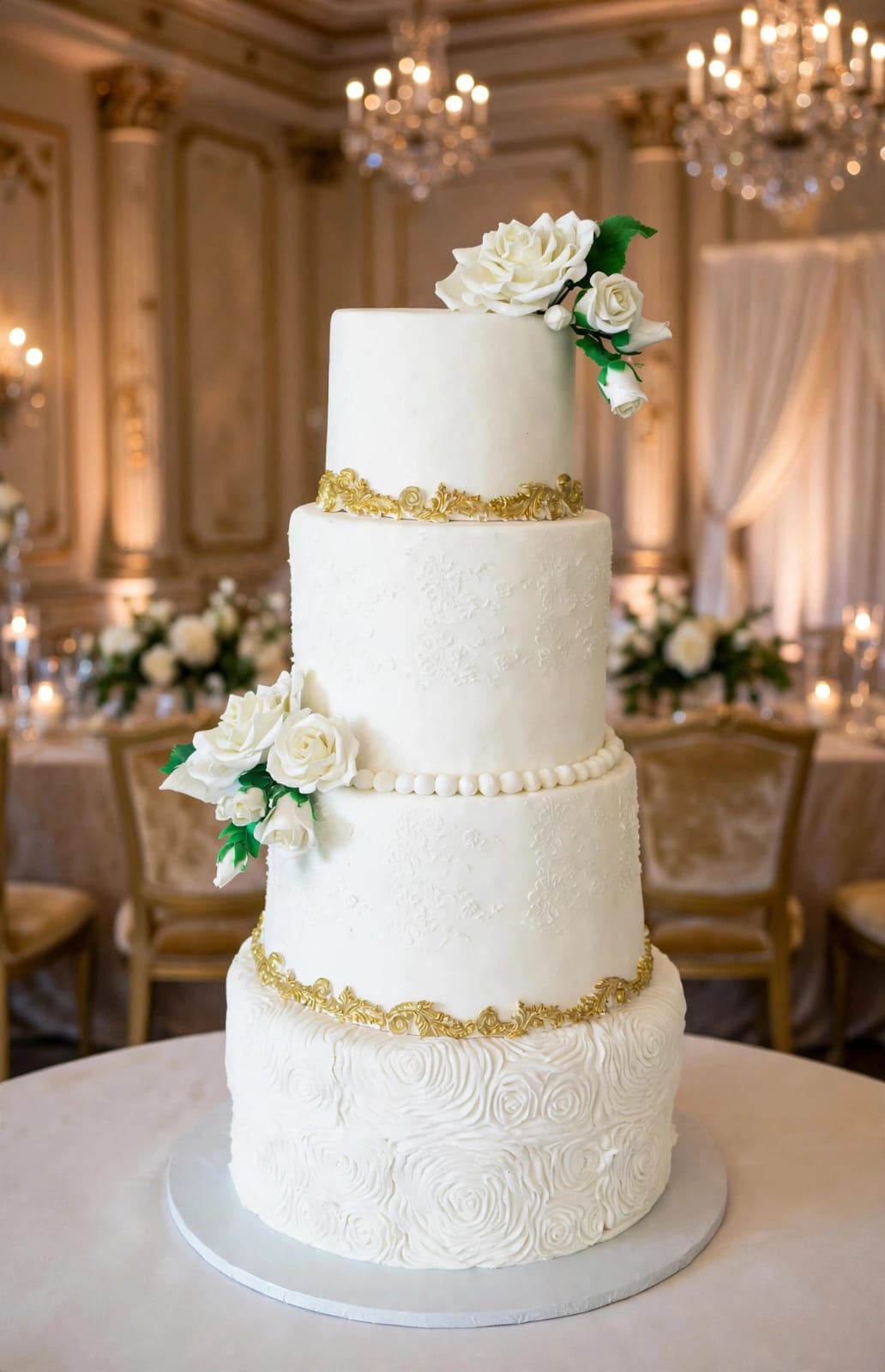Four-tier white wedding cake with gold lace bands, pearl borders and white roses
