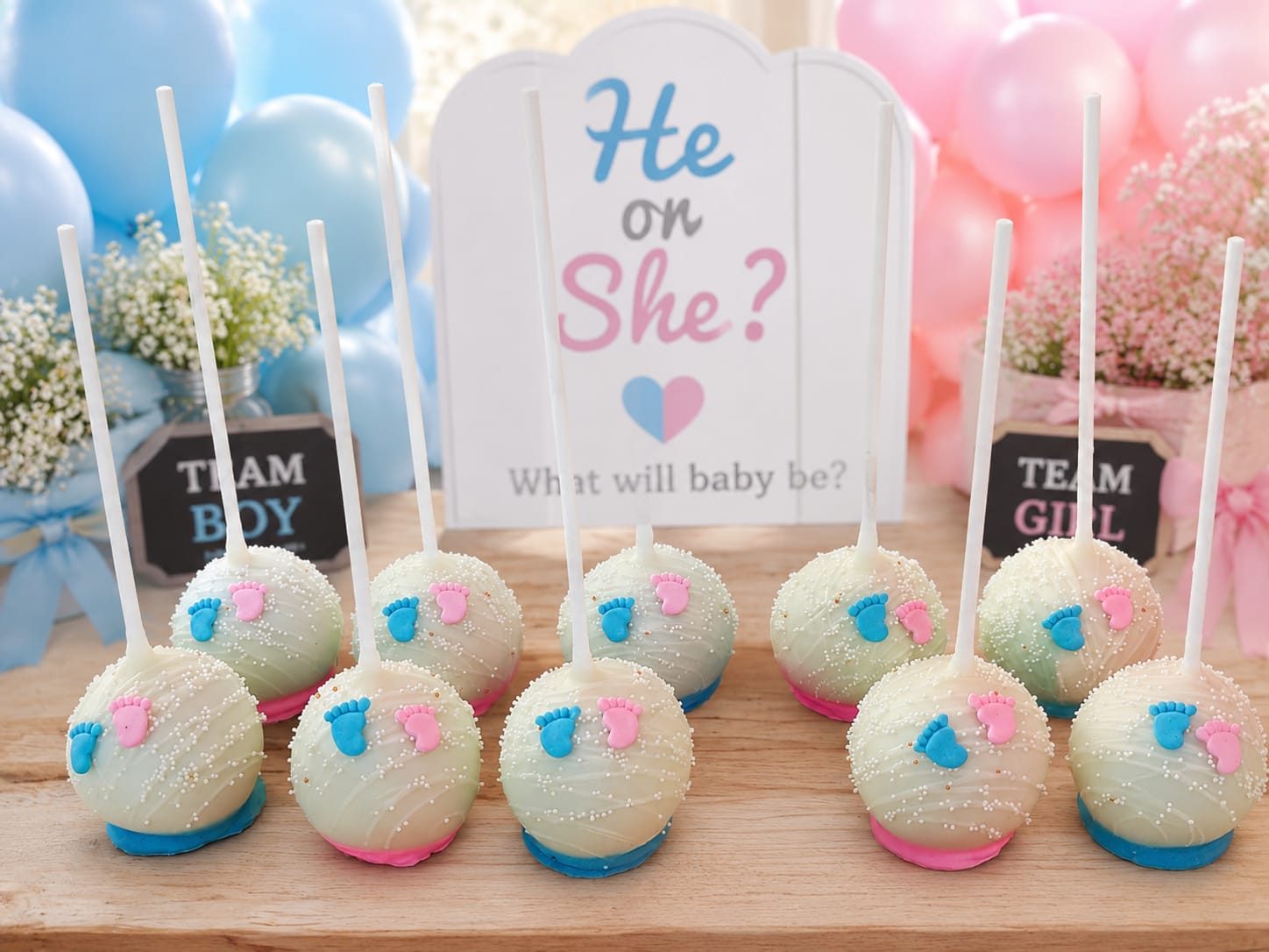 Gender reveal cake pops and signage