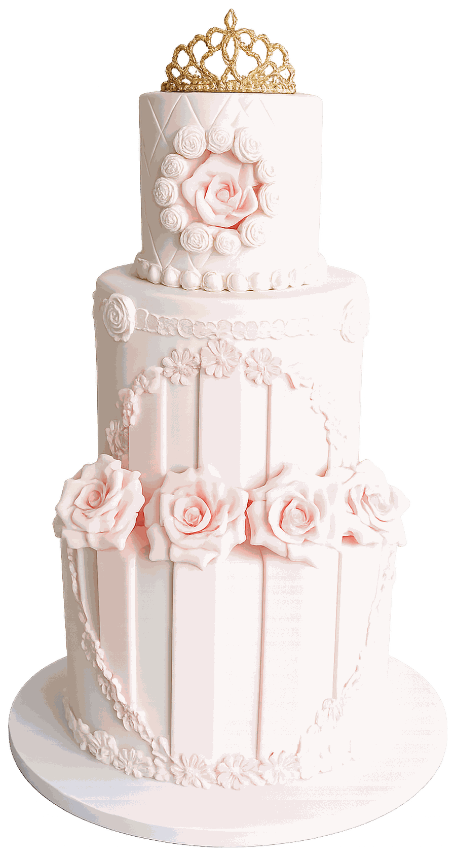 Three-tier pink and white celebration cake with sugar roses and a gold tiara topper