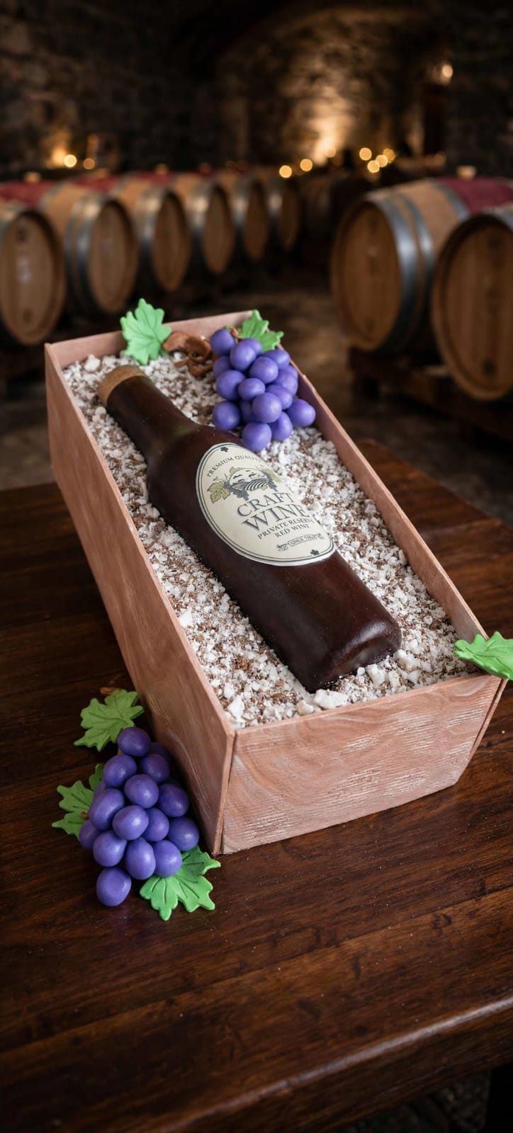Sculpted wine crate cake with sugar grapes